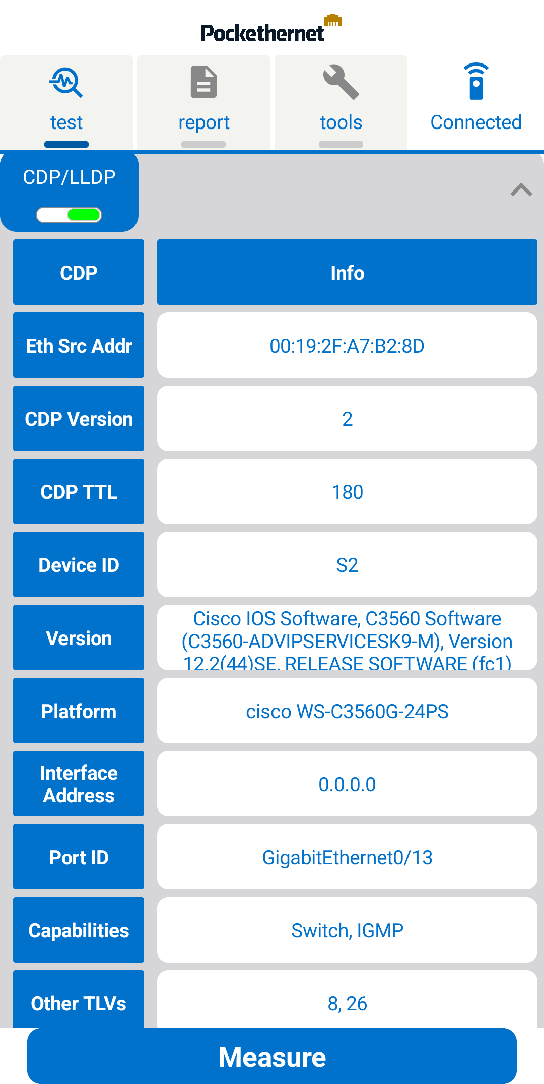 Pockethernet app CDP/LLDP test screen