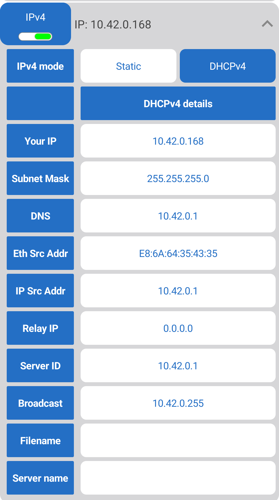 Pockethernet app IPv4 test screen