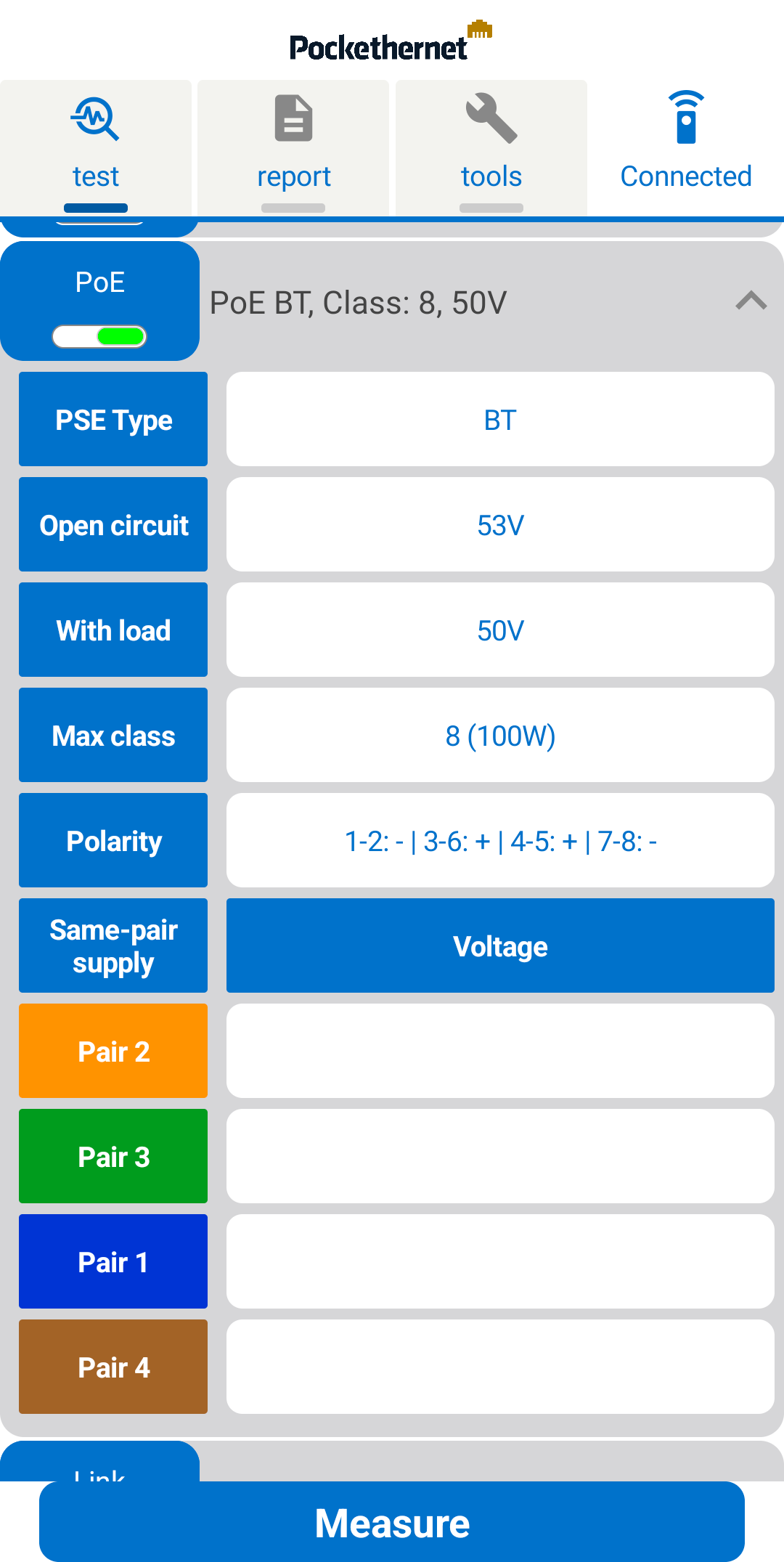 Pockethernet app PoE test screen