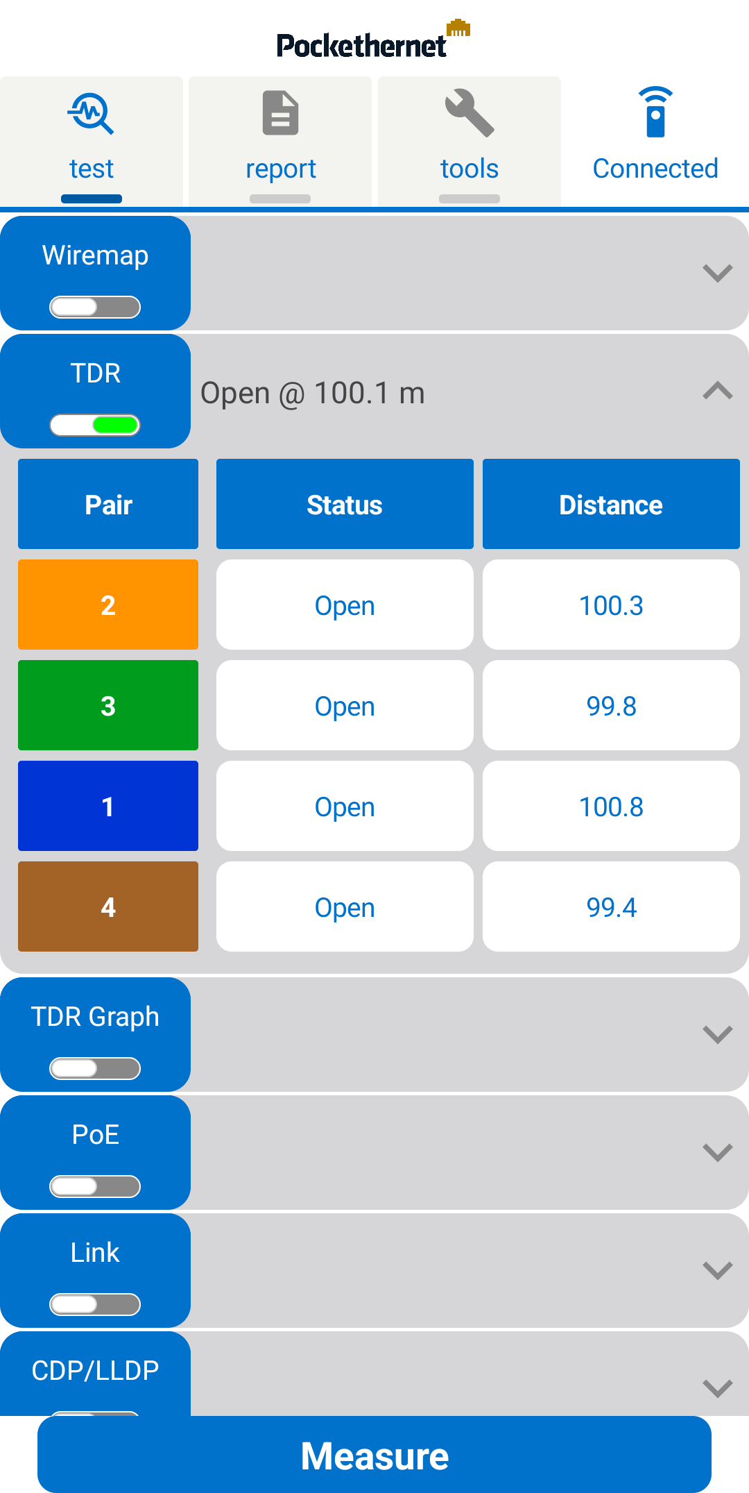 Pockethernet app TDR open screen