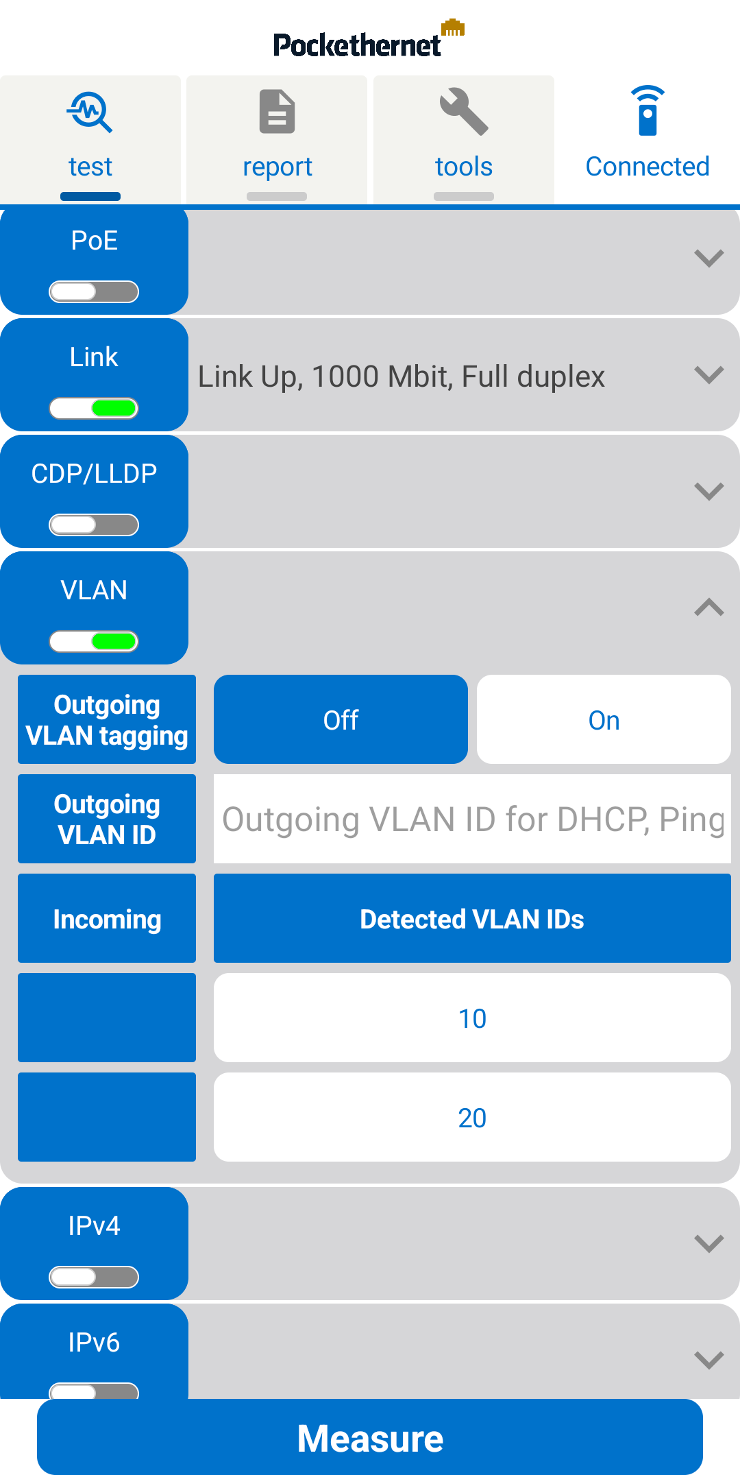 Pockethernet app VLAN test screen