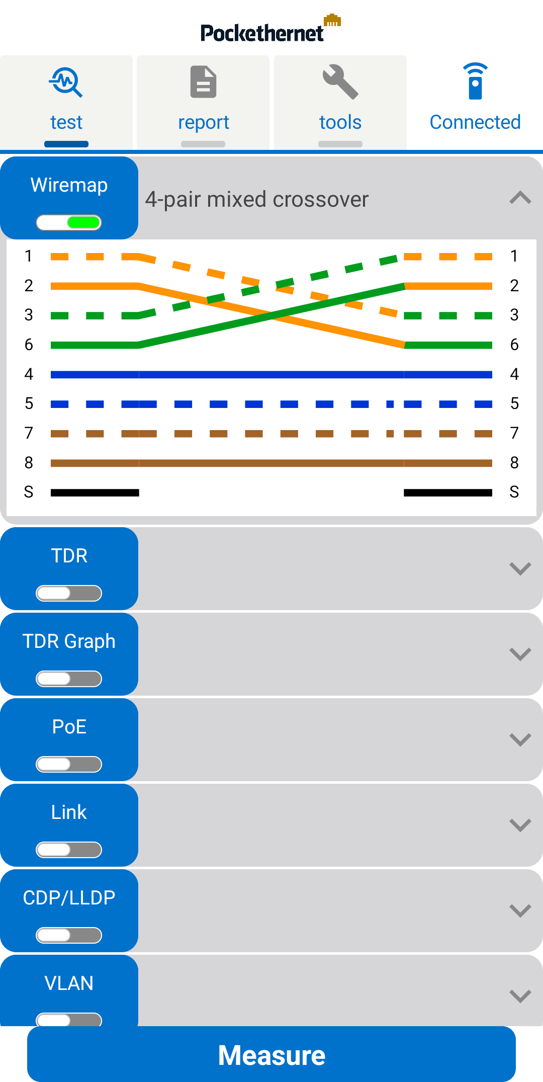 Pockethernet app wiremap screen