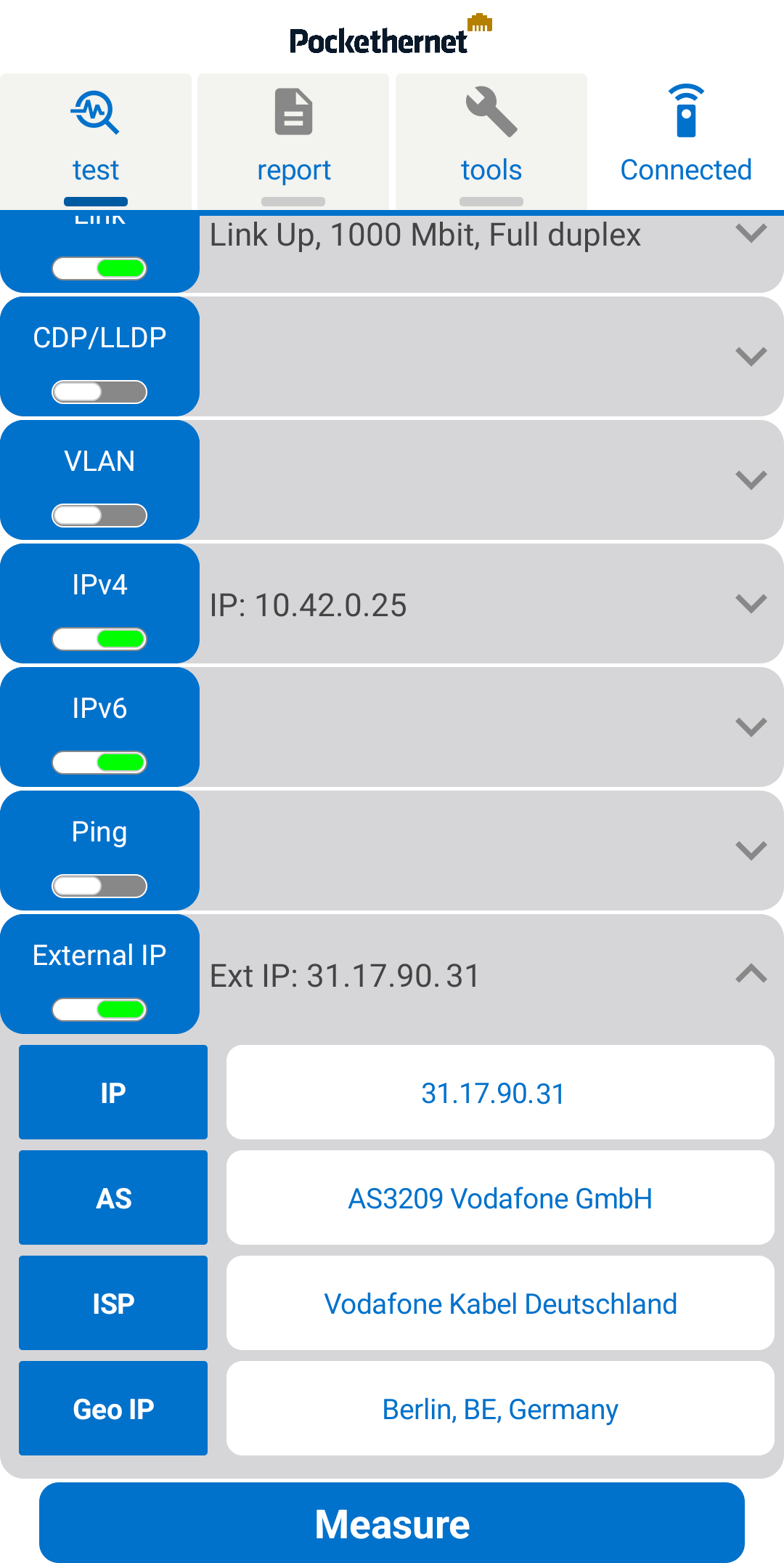 Pockethernet app External IP test screen