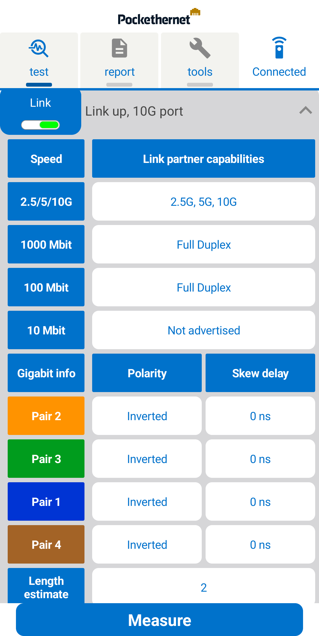 Pockethernet app link test screen