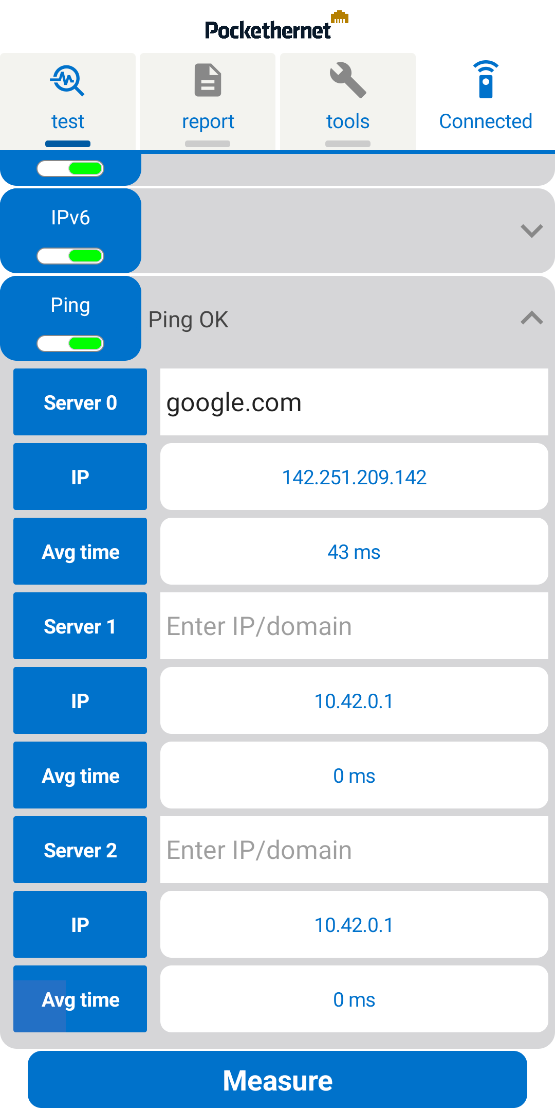 Pockethernet app Ping test screen