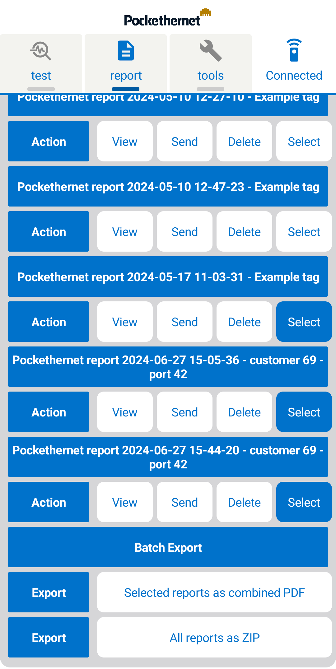 Pockethernet app report list screen