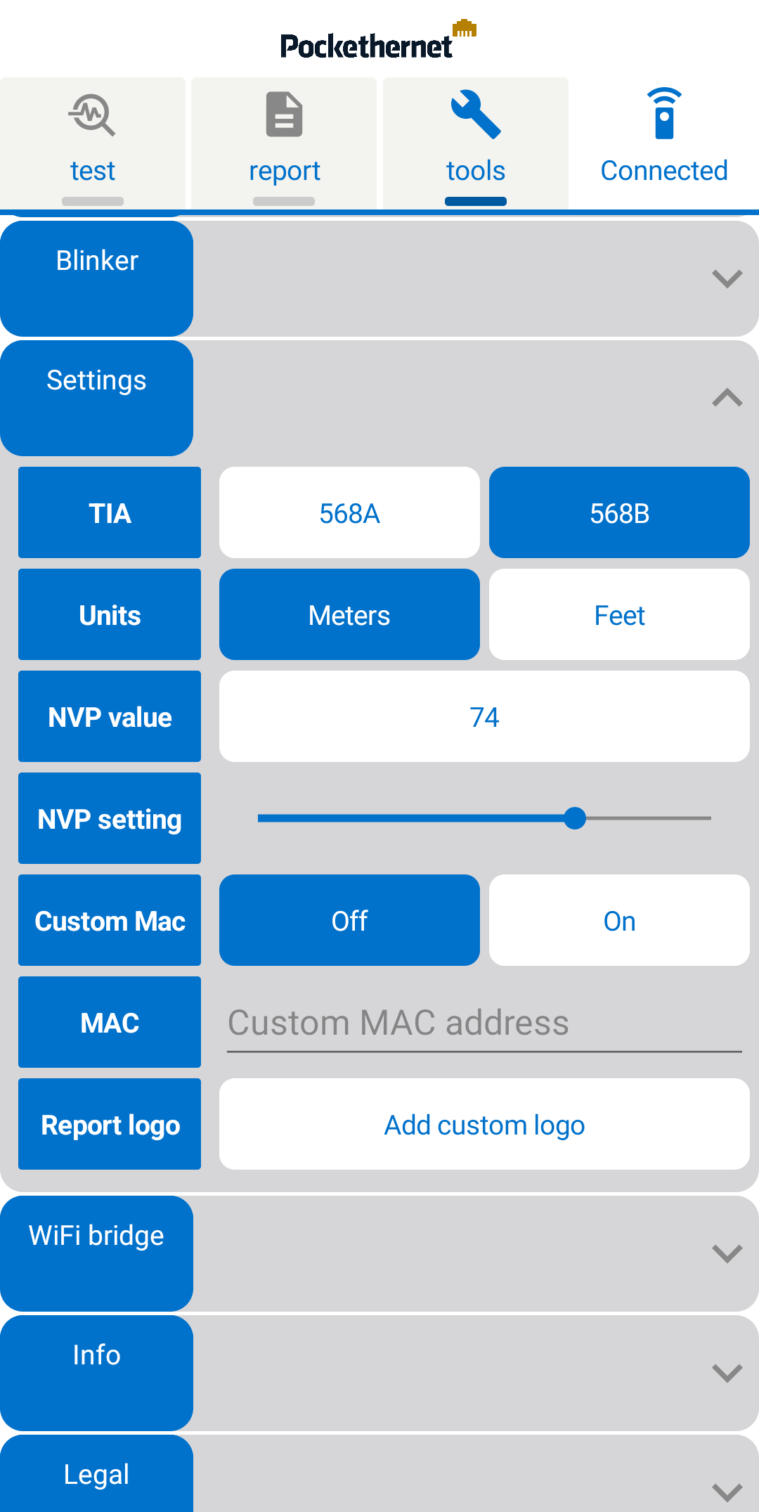 Pockethernet app settings screen