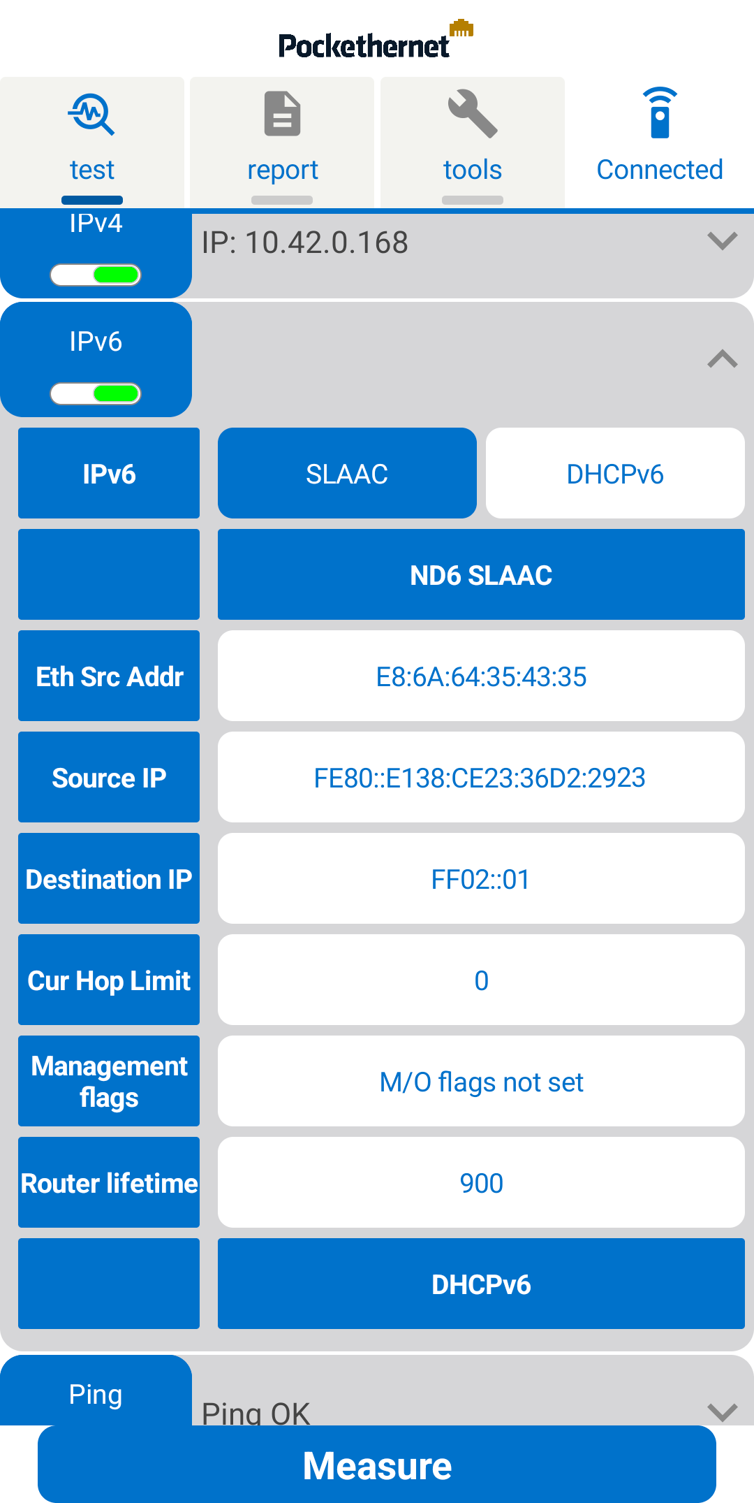 Pockethernet app IPv6 SLAAC test screen