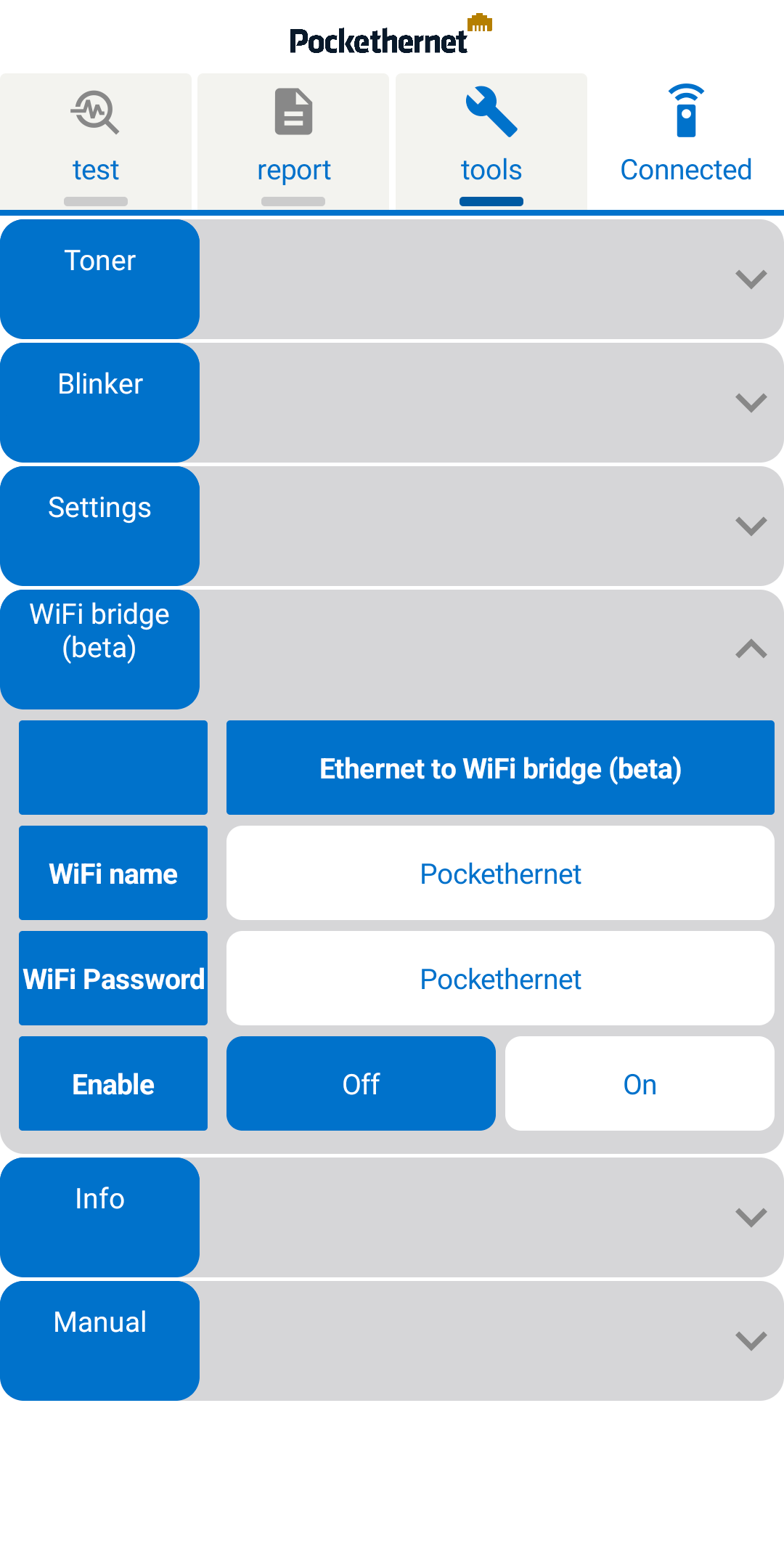 Pockethernet app wifi bridge screen